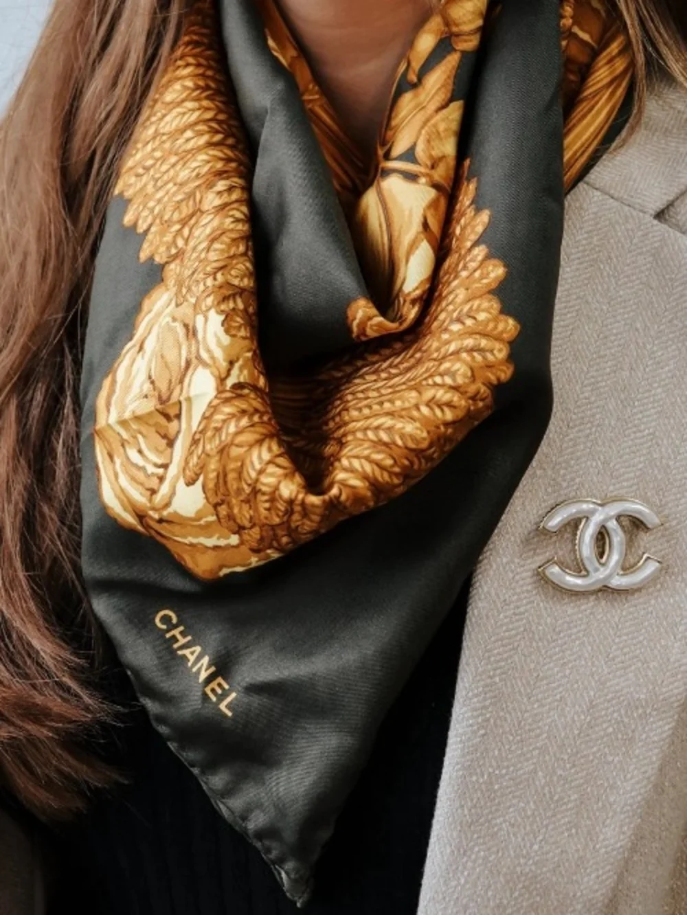 VINTAGE CHANEL Scarf Dark Green and Gold Silk Scarf